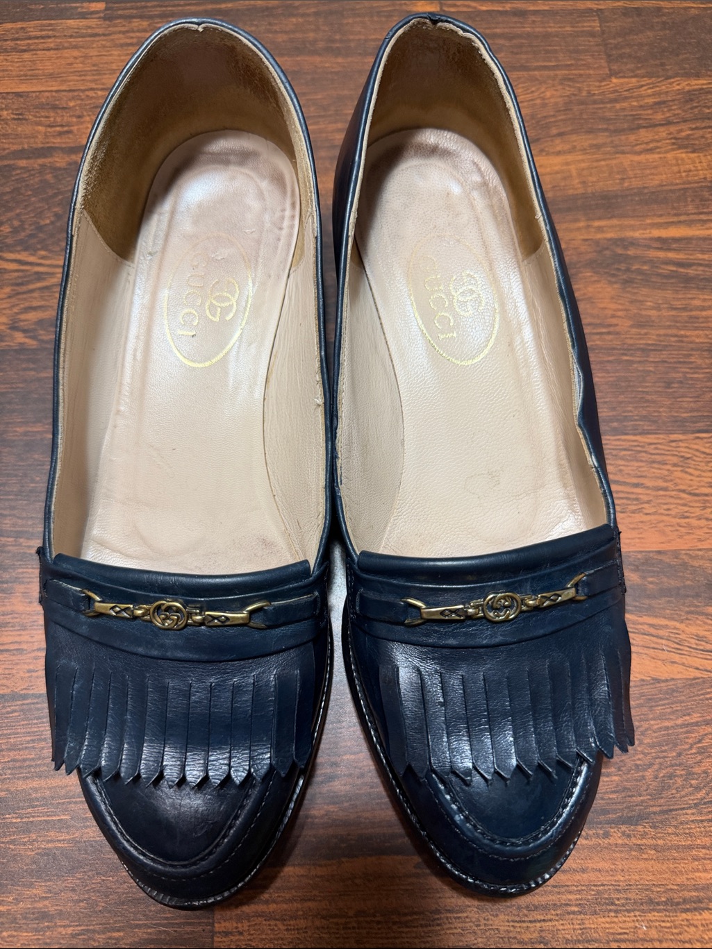 Vintage Gucci Navy Leather Fringe Loafers With Gold Gg Horsebit